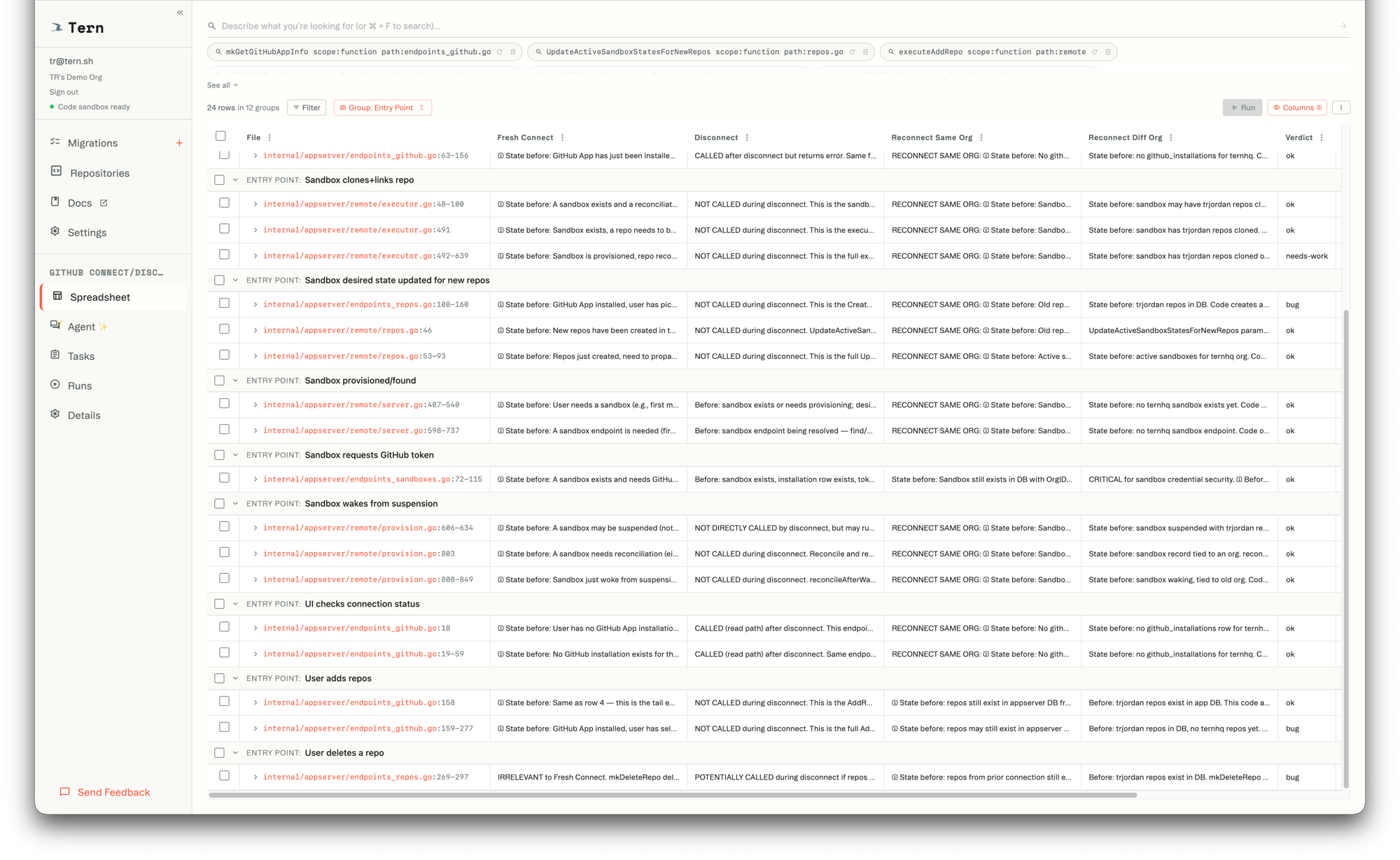 Tern spreadsheet showing 28 code locations across 4 scenarios with verdict column