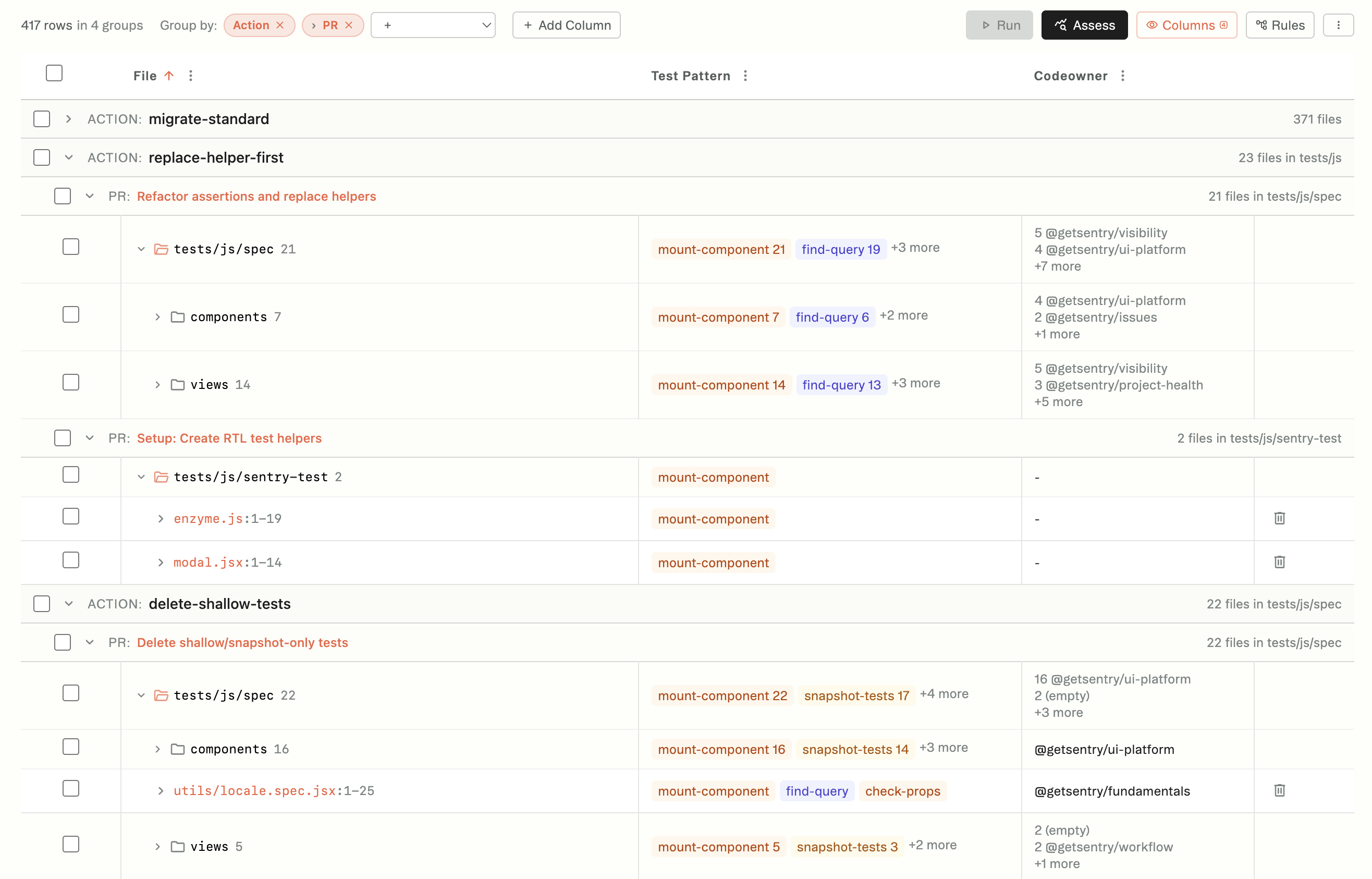 Sentry's Enzyme migration. 417 test files classified by approach, codeowner, and what's in the code.